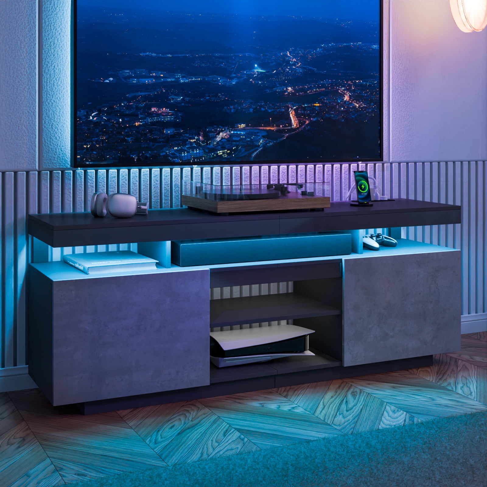 Hommpa LED TV Stand with Power Outlets High Gloss Media Console for PS5
