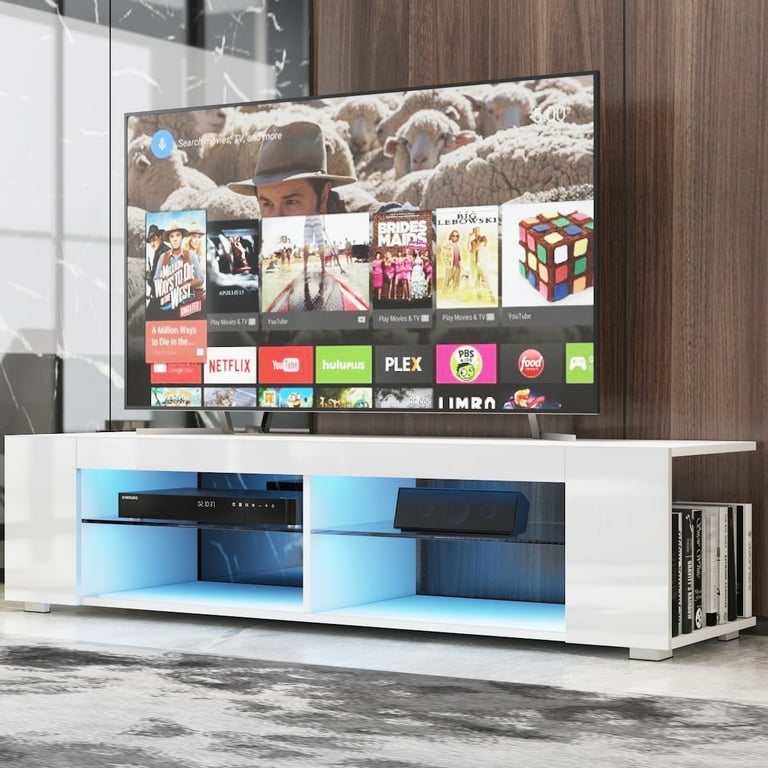 HOMMPA LED TV Stand with LED Lights for 65 inch TV Modern Entertainment Center with Storage 57 White TV Console with Glass Shelves for Living Room