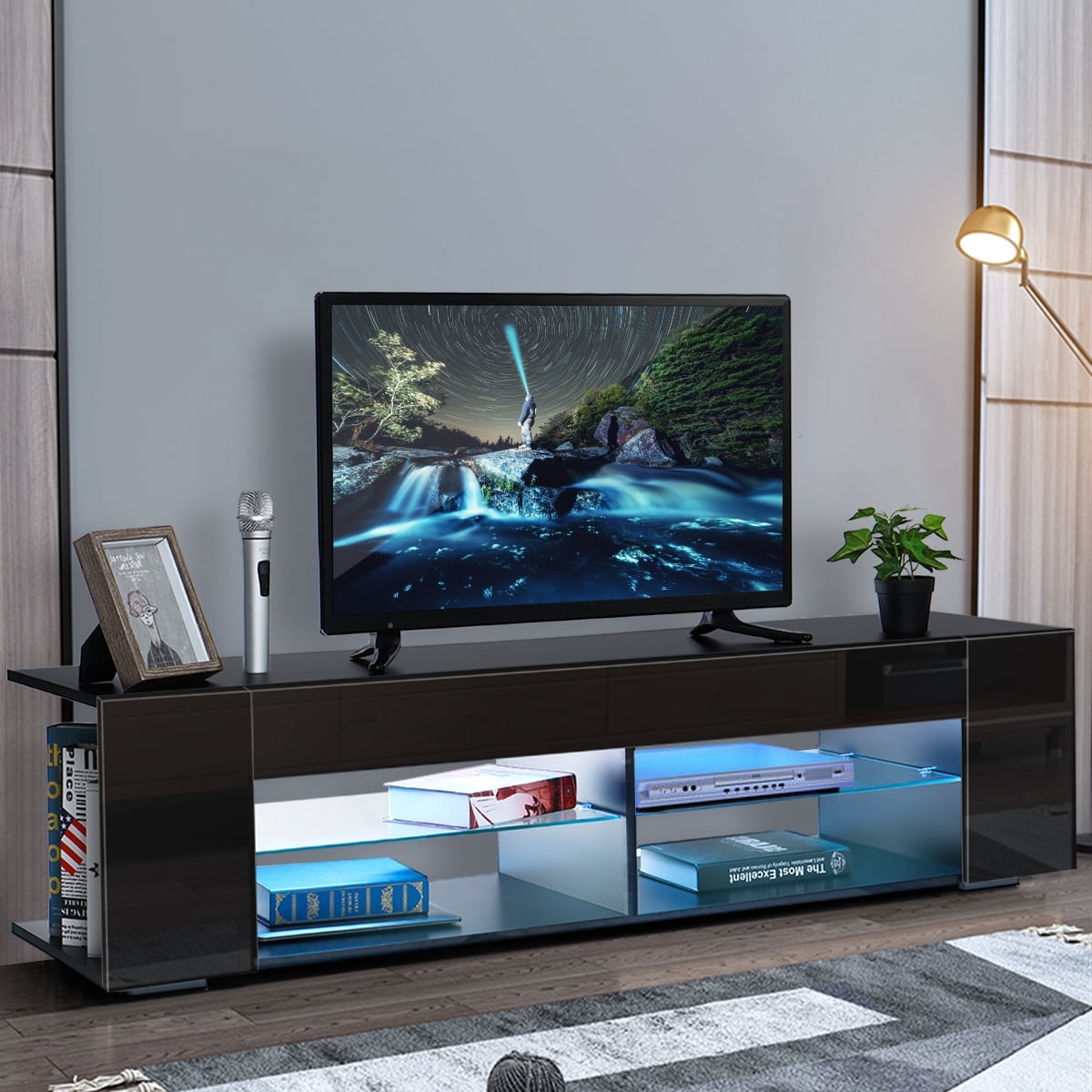 Hommpa LED TV Stand TV Cabinet for TVs up to 65 with Side Bookshelf and 4 Open Shelves Modern Television Media Console Entertainment Center