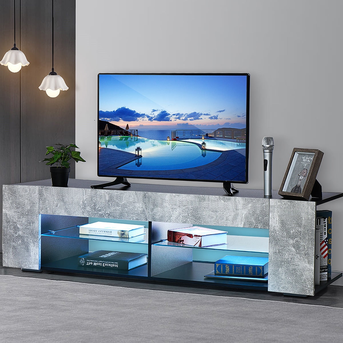 Hommpa LED TV Stand for TVs up to 65 Modern TV Cabinet with 2 Doors and  Glass Shelf Wooden Media Storage Stand Entertainment Centers White