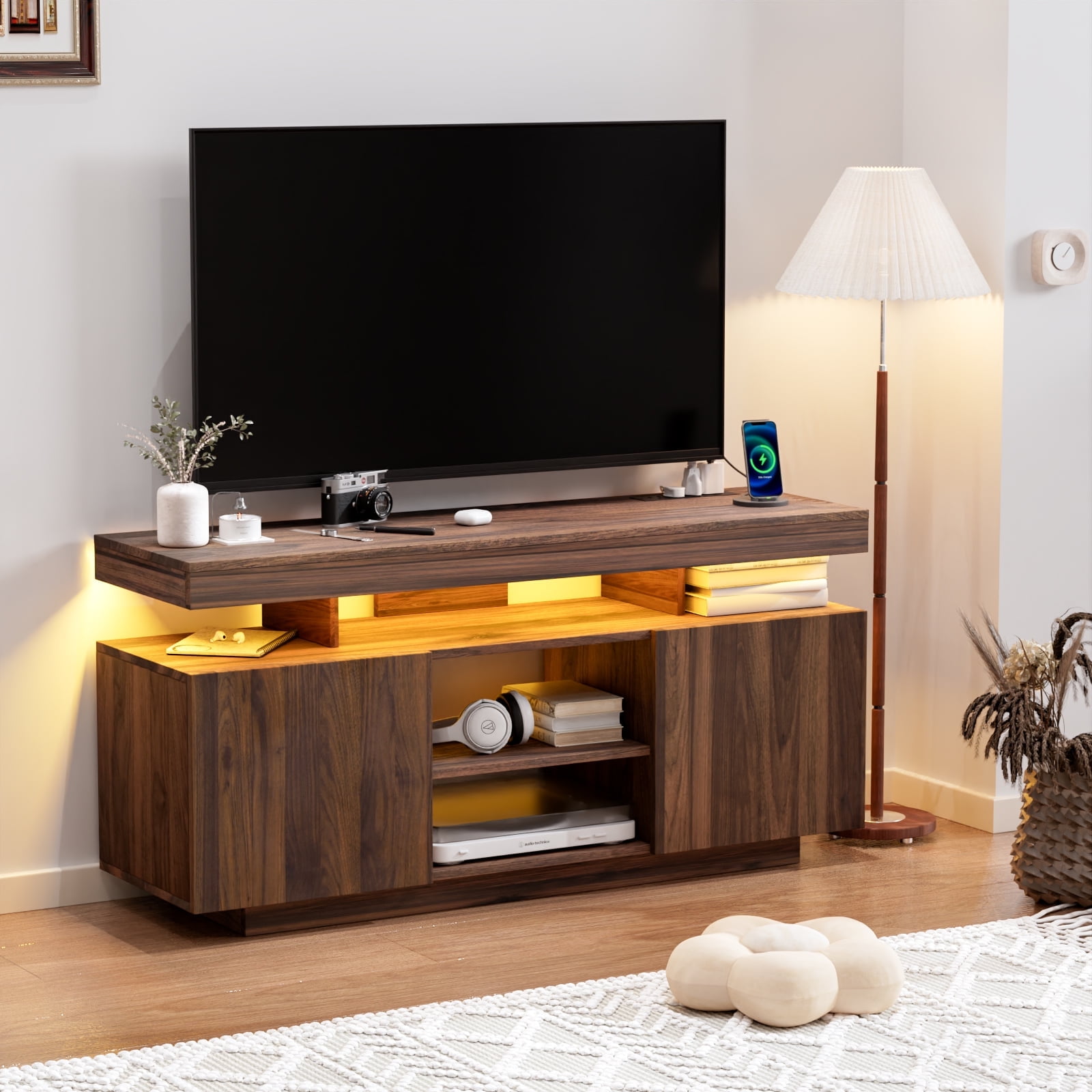 Hommpa LED TV Stand for TVs up to 55" with Power Outlets Wood Entertainment Center with Storage and Shelves Media Console Table TV Cabinet Walnut Finish