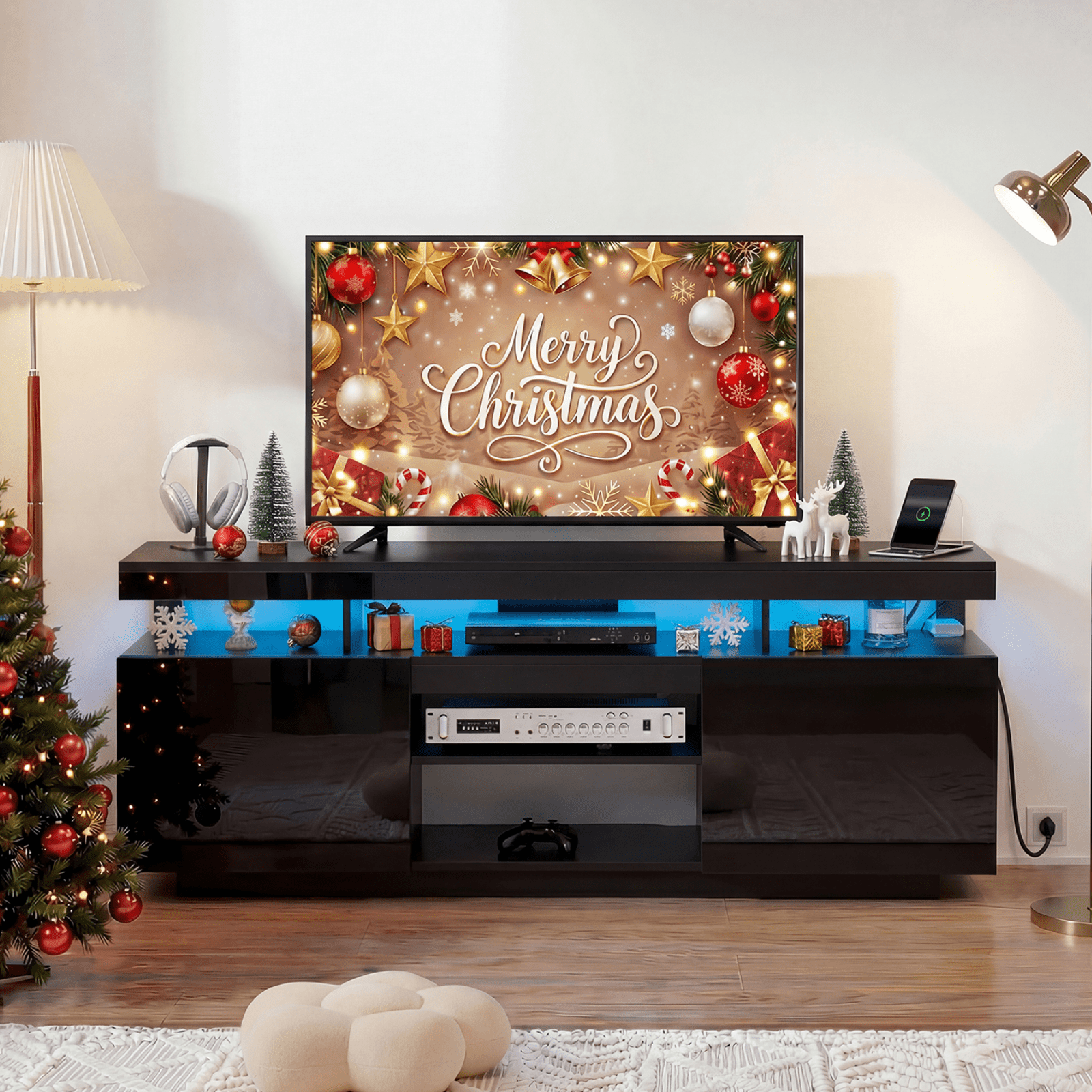 Hommpa LED TV Stand for TVs up to 70" with Power Outlets Modern Entertainment Center High Gloss Large TV Cabinet Adjustable Shelf PS5 Storage Gaming Media Console