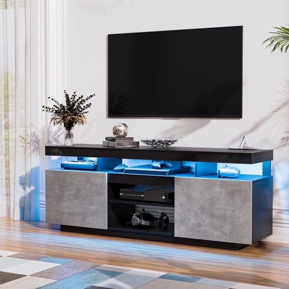 Hommpa LED TV Stand for TVs up to 70" with Power Outlets Modern Entertainment Center High Gloss Large TV Cabinet Adjustable Shelf PS5 Storage Gaming Media Console