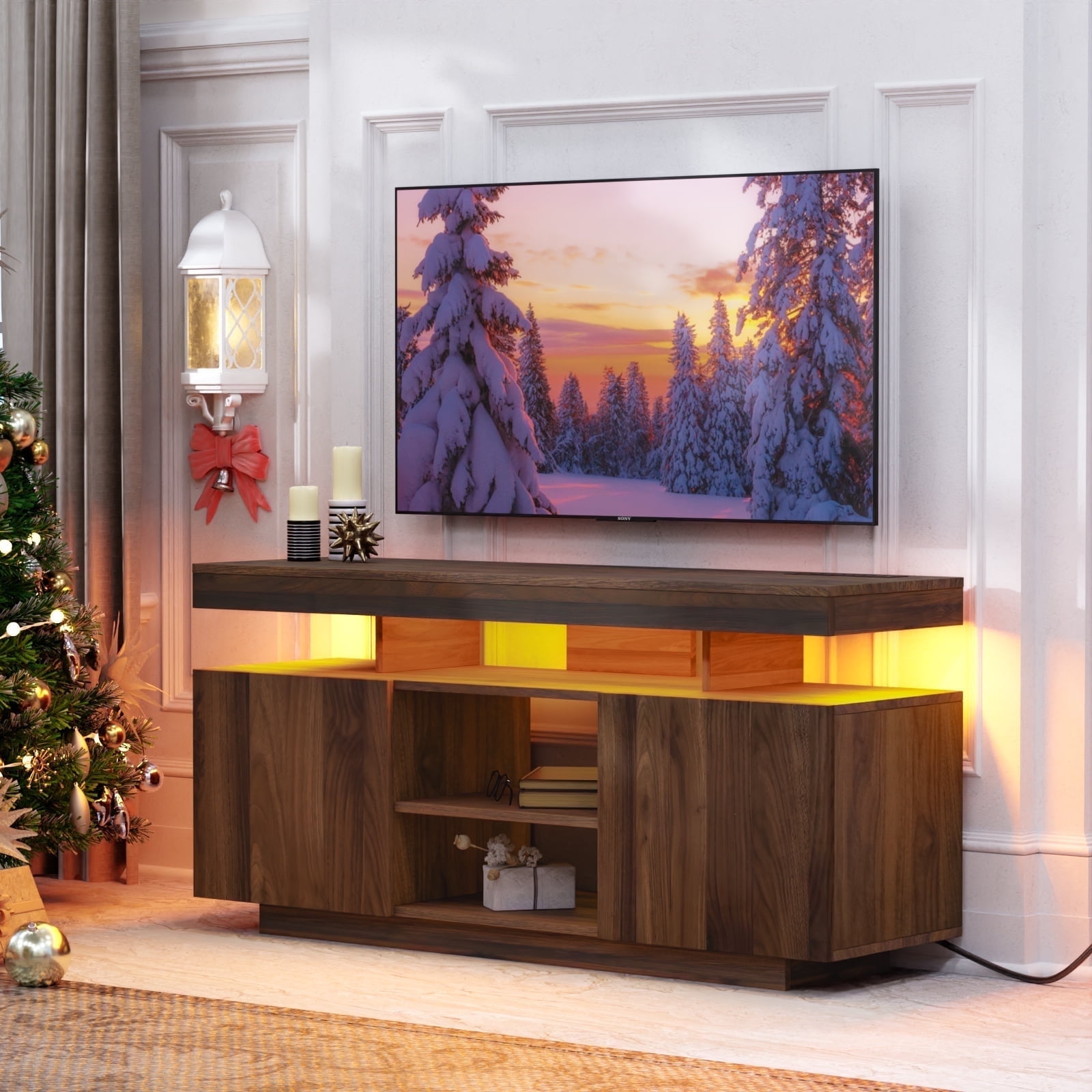 Hommpa LED TV Stand for TVs up to 55 with Power Outlets Wood Entertainment Center with Storage and Shelves Media Console Table TV Cabinet Walnut
