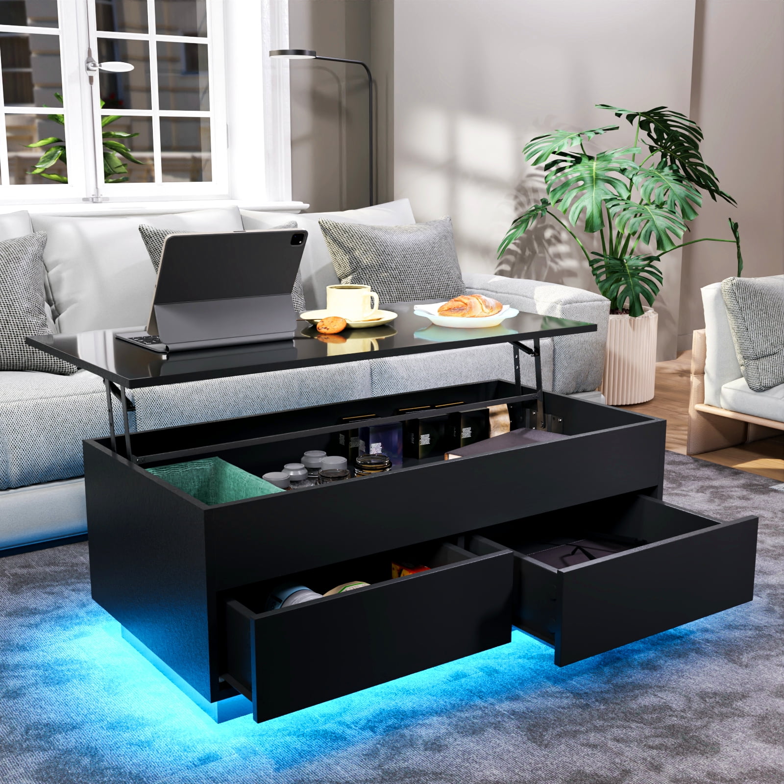 Black Metal Rectangular Lift-Top Coffee Table with Storage and LED Lights