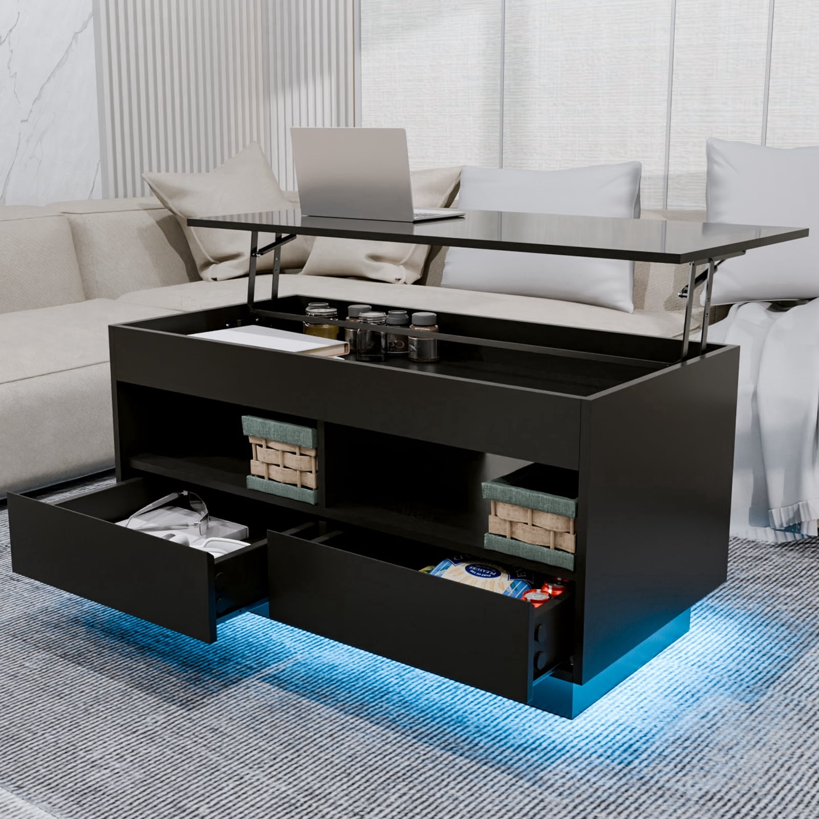 Hommpa Lift Top Coffee Table with LED Lights 40" Rectangle Sofa Side Center Cocktail Tables High