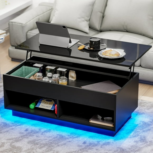 Hommpa Lift Top Coffee Table with Hidden Compartment High Gloss Black Coffee Tables LED Center Rising Cocktail Table for Living Room Accent Furniture