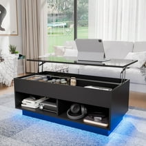 Hommpa Lift Top Coffee Table with Hidden Compartment High Gloss Black Coffee Tables LED Center Rising Cocktail Table for Living Room Accent Furniture