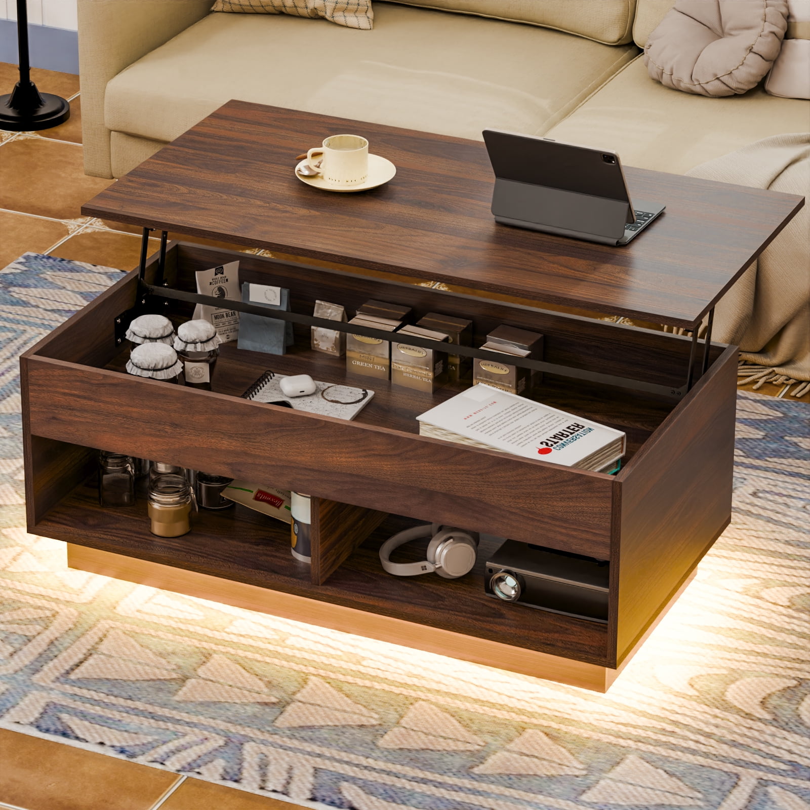Hommpa Lift Top Coffee Table with Hidden Compartment LED Coffee Tables Dark Walnut Center Rising Cocktail Table for Living Room Accent Furniture Walmart Business Supplies