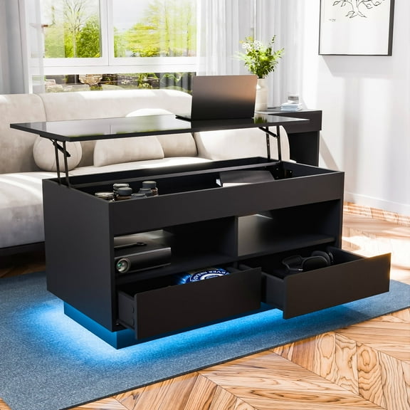 Hommpa Lift Top Coffee Table with LED Light 4 Tier Modern Center Tables with 2 Storage Drawers Hidden Compartment Open Shelves for Living Dining Room
