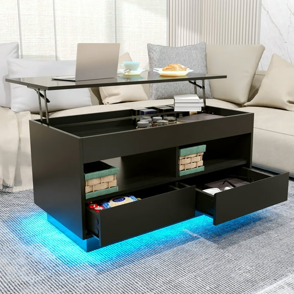 Hommpa Lift Top Coffee Table with LED Lights 40" Rectangle High Gloss End Table with Hidden Storage Open Shelf for Living Room Bedroom