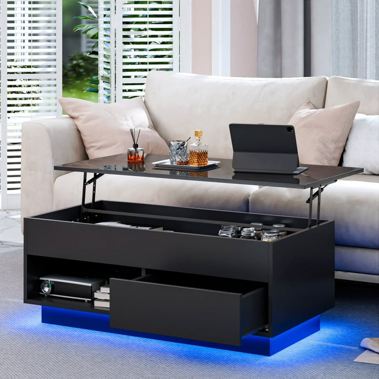 Hommpa 40 Lift Top Coffee Table with LED Lights Modern High Gloss End Table with Rising Top Hidden Storage Drawer Open Shelf