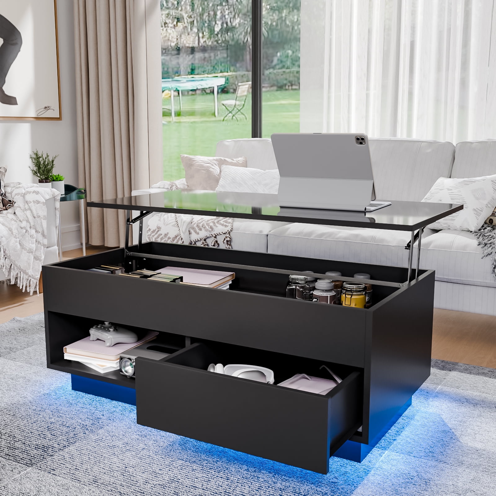 Hommpa 40'' Lift Top Coffee Table with LED Lights Modern High Gloss End Table with Rising Top, Hidden Storage Drawer & Open Shelf