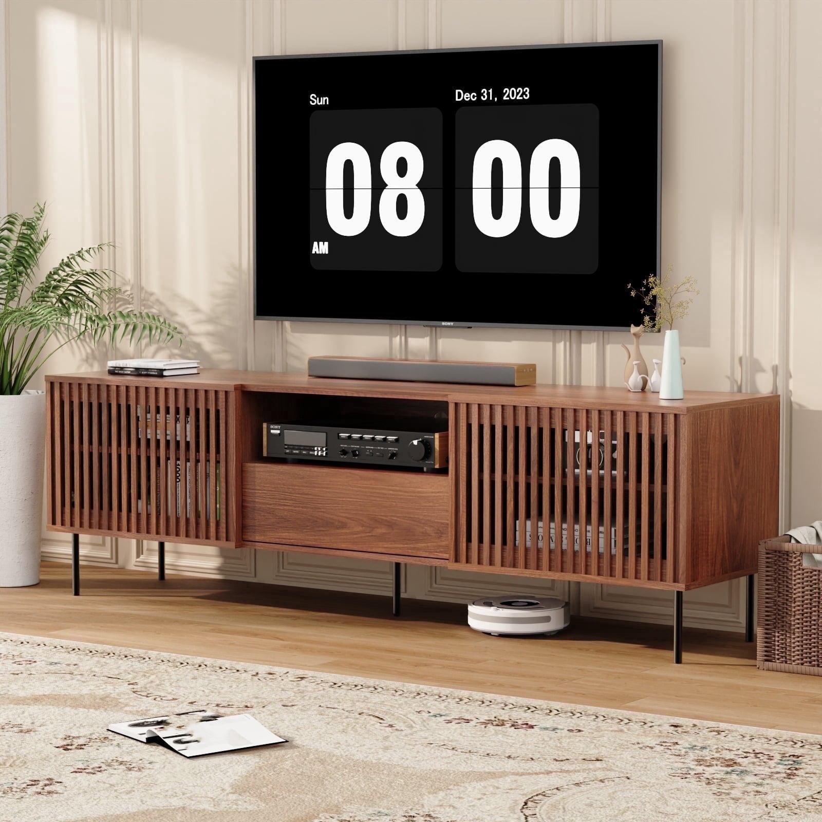 Hommpa TV Stand for 55/65/75/80 inch TV with 2 Slatted Doors and Drawer, Mid Century Modern TV Console for Living Room Bedroom, Storage Cabinets Entertainment Center for Gaming Media Console,Walnut