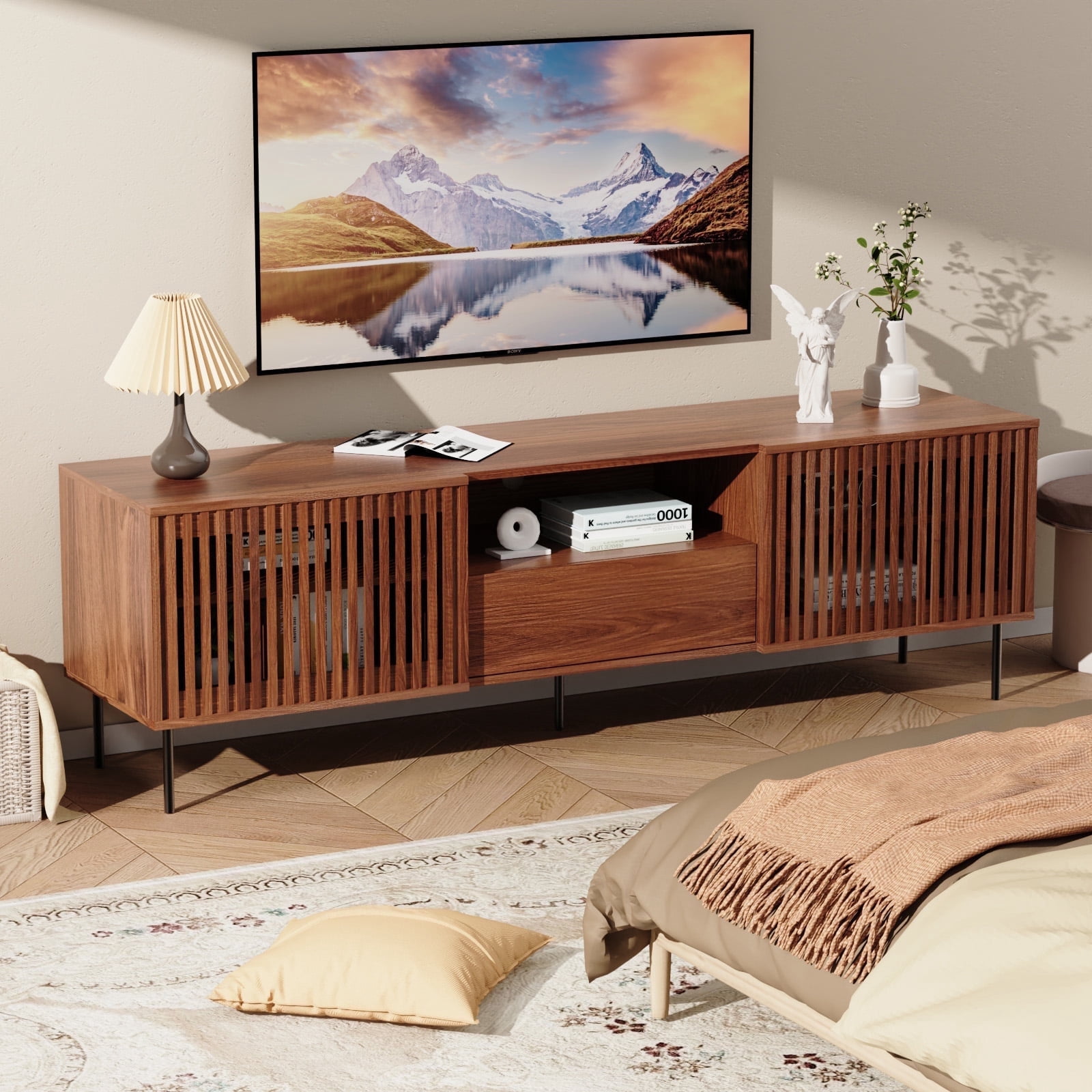 Hommpa TV Stand for 55/65/75/80 inch TV with 2 Slatted Doors and Drawer, Mid Century Modern TV Console for Living Room Bedroom, Storage Cabinets Entertainment Center for Gaming Media Console,Walnut