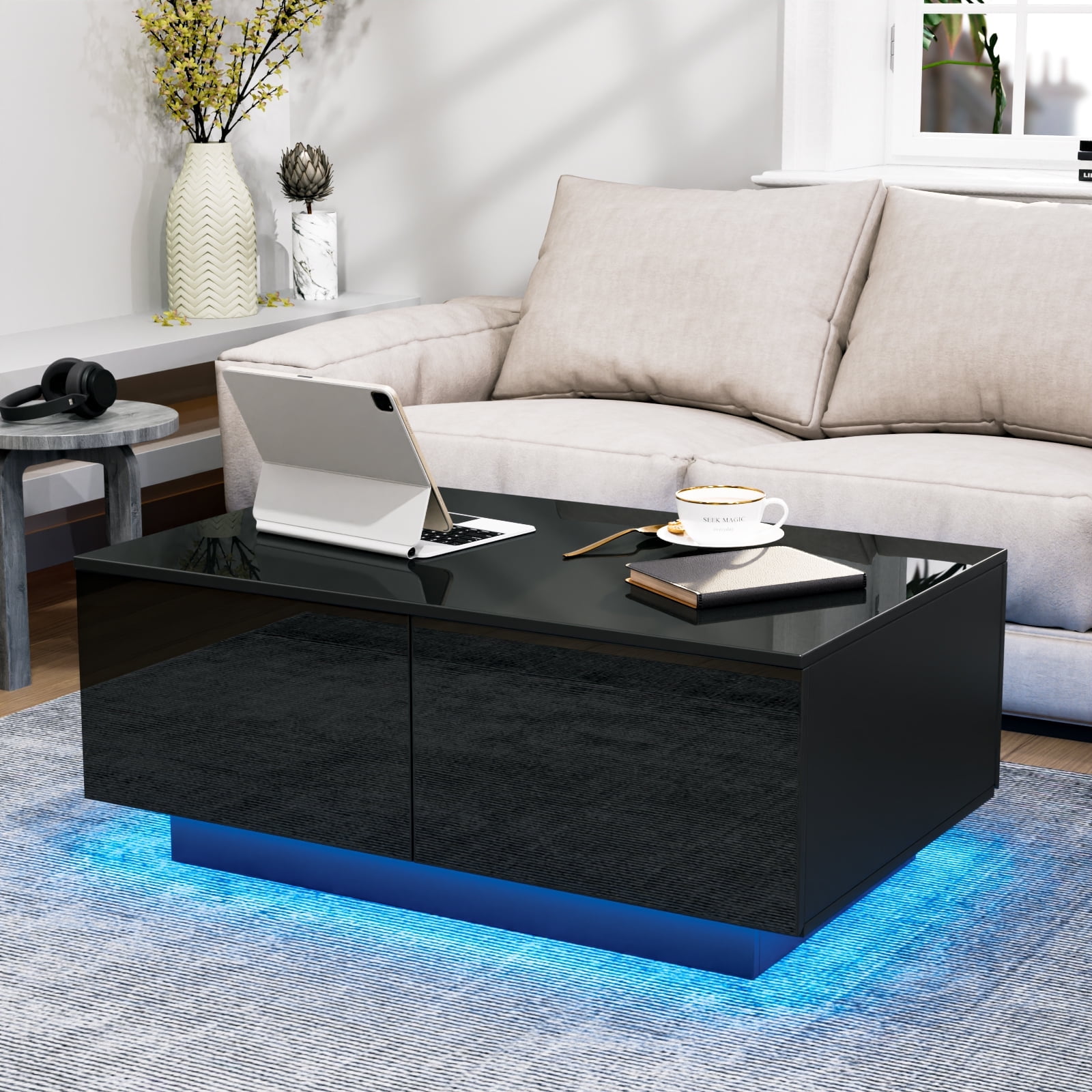 Hommpa Contemporary Living Room Coffee Table with 4 Drawers, LED Lights ...