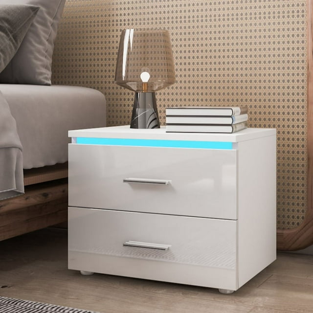 Hommpa Modern High Gloss LED Nightstand with 2 Drawers White Bedside Table with LED Light Handle Small End Side Table for Bedroom Living Room Furniture 18.9x13.8x15.4 inch