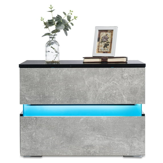 "Hommpa Modern High Gloss LED Nightstand Bedside Table with 2 Drawers, 20 LED Light Mode System W/ Remote Lime Grey"