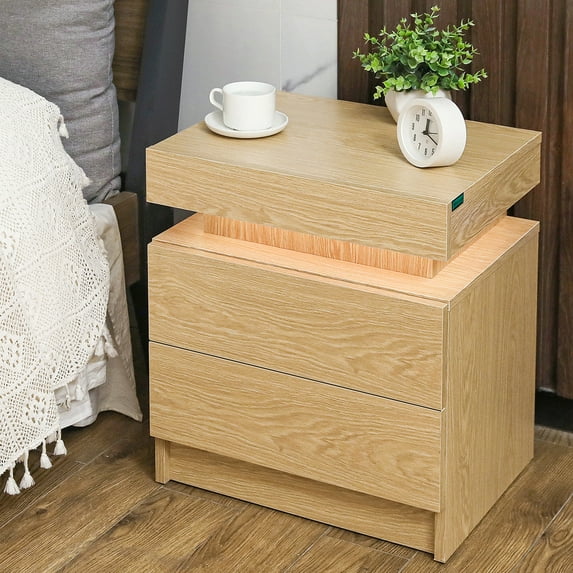 Hommpa Modern LED Nightstand 2 Drawers Bedside Table with Led Lights Smart Night Stands Wood Color Textured Finish End Side Table for Bedroom Home Furniture