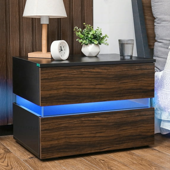 Hommpa Modern LED Nightstand 2 Drawers High Gloss Bedside Table with RGB Led Light Brown Texture Finish Night Table Smart Nightstands End Side Table for Bedroom Home Furniture 17.7" Tall