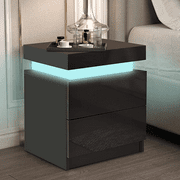Hommpa Modern LED Nightstand with 2 Drawers High Gloss Led Light Bedside Table Storage Black Night Table with Lights End Side Table with Drawer for Bedroom 20.5" Tall