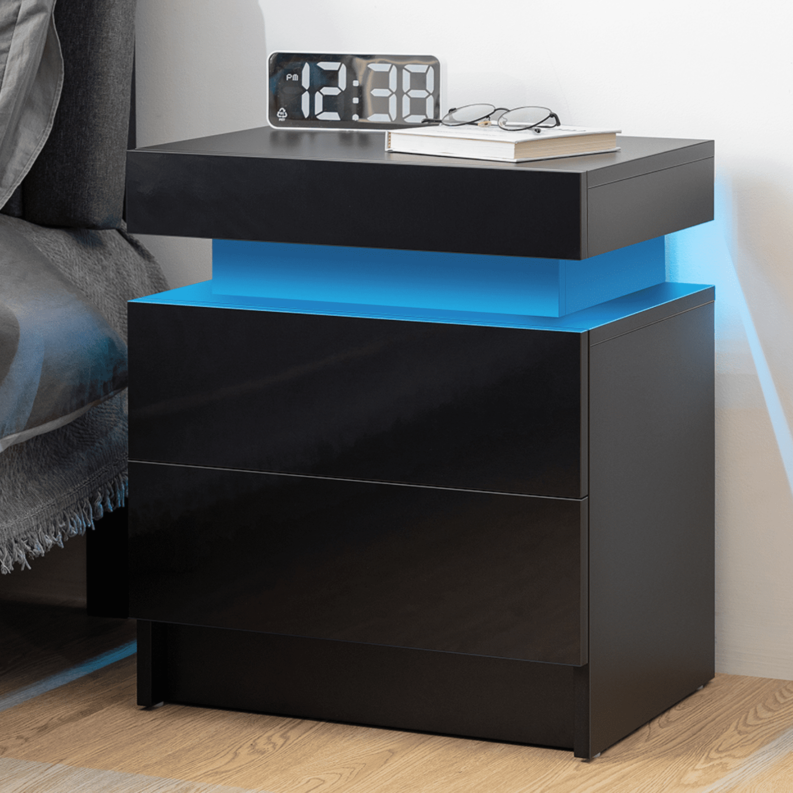 Hommpa Modern LED Nightstand with 2 Drawers High Gloss Led Light Bedside Table Storage Black Night Table with Lights End Side Table with Drawer for Bedroom 20.5" Tall