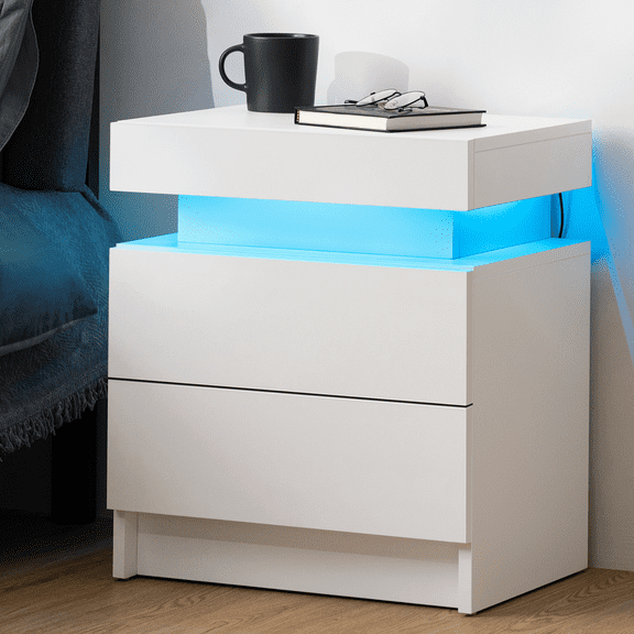 Hommpa Modern LED Nightstand with 2 Drawers High Gloss Led Light Bedside Table Storage White Night Table with Lights End Side Table with Drawer for Bedroom 20.5" Tall