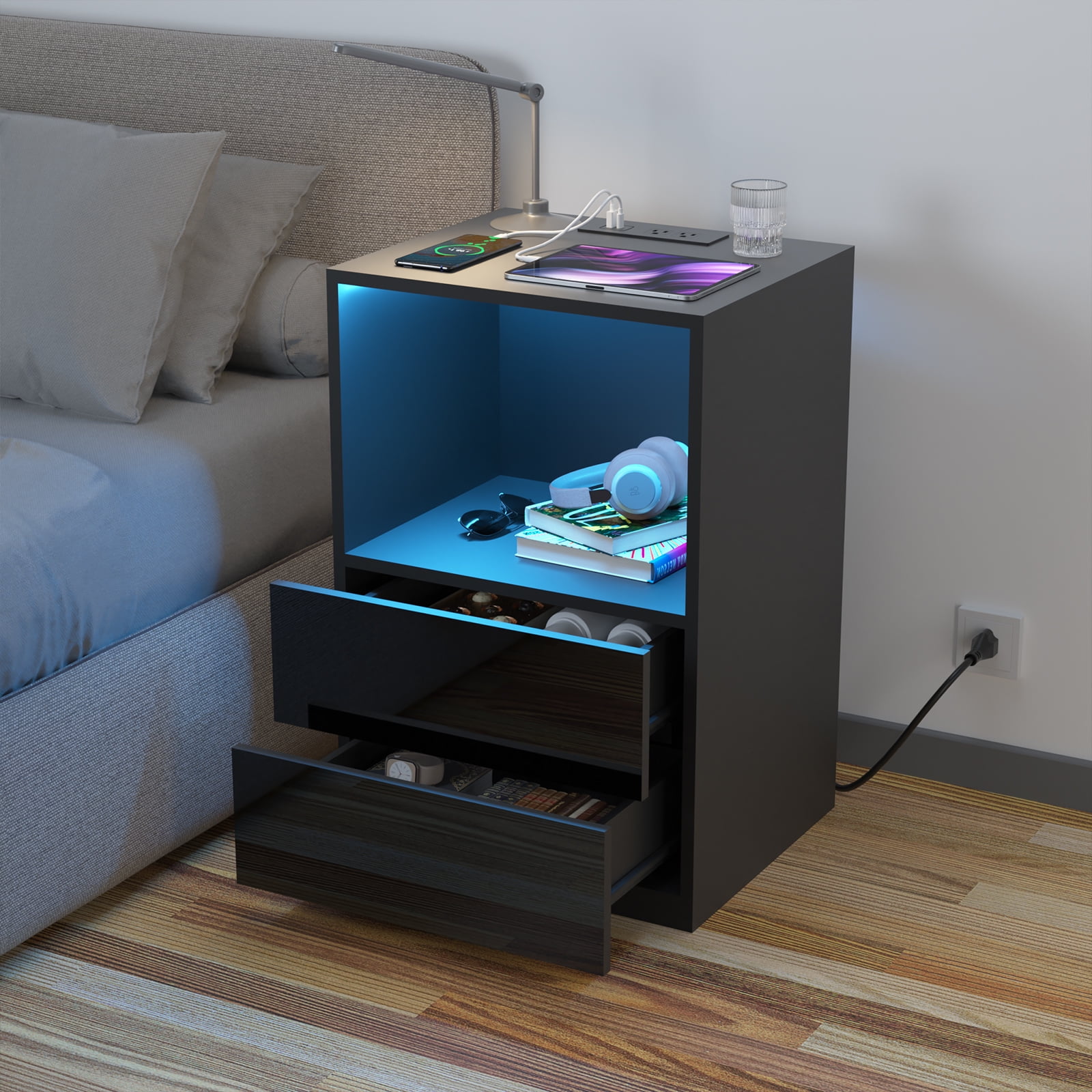 Hommpa Modern LED Nightstand with Charging Station 2 Drawers Bedside