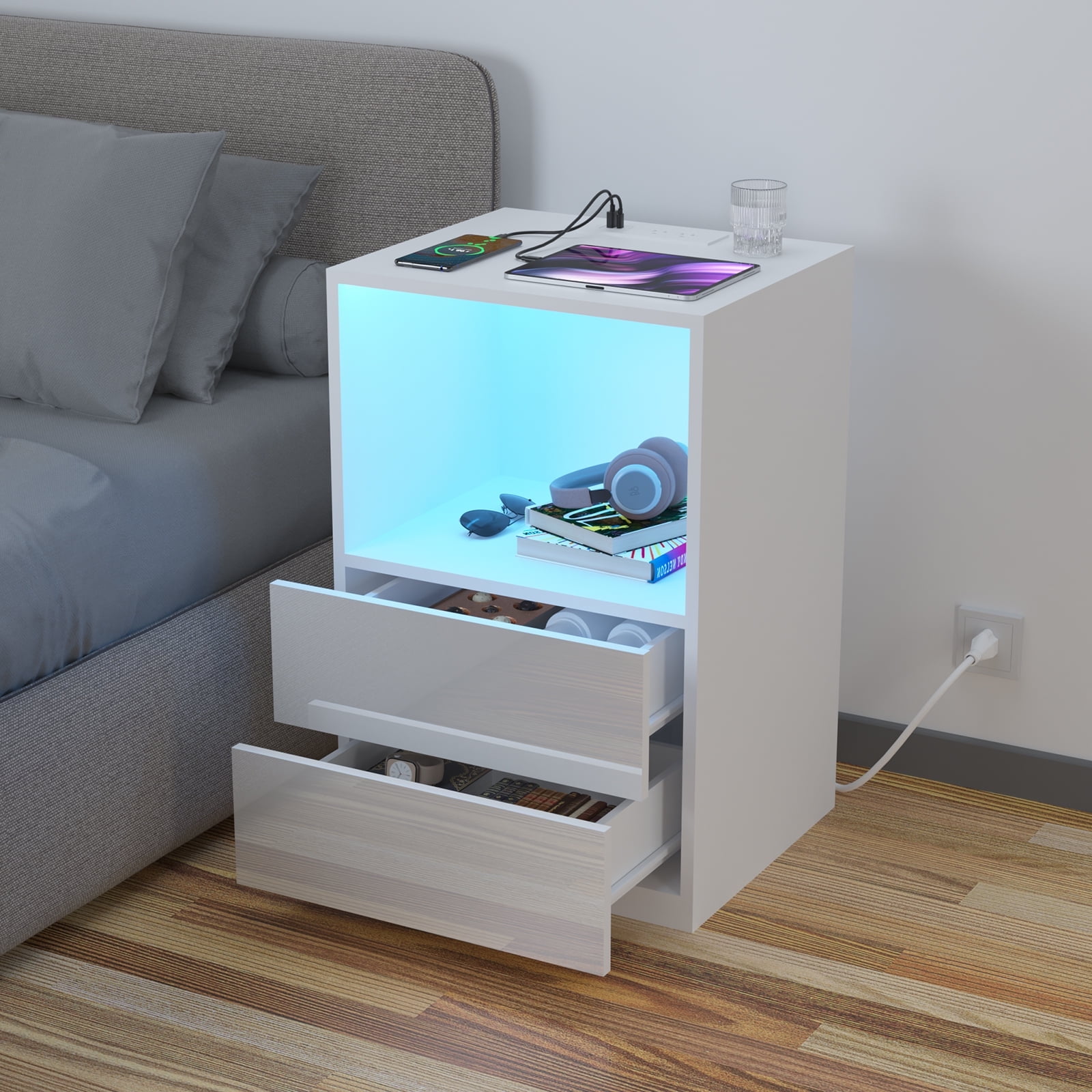 Hommpa Modern LED Nightstand with Charging Station 2 Drawers Bedside