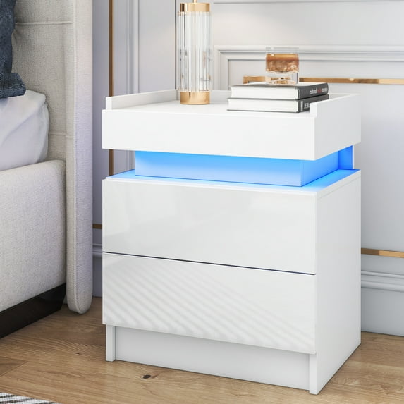 Hommpa Modern LED Nightstand with Border 2 Drawer Bedside Table High Gloss White Smart Nightstands End Side Table for Bedroom