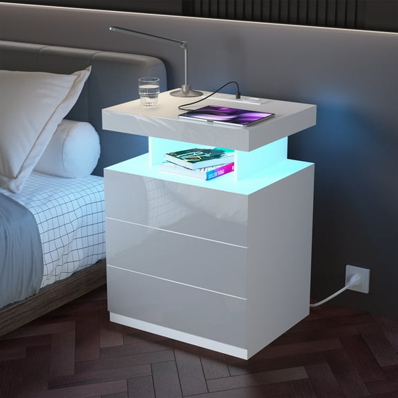 Hommpa Modern LED Nightstand with Charging Station USB Type C 3 Drawer Bedside Table High Gloss White Smart Nightstands End Side Table for Bedroom