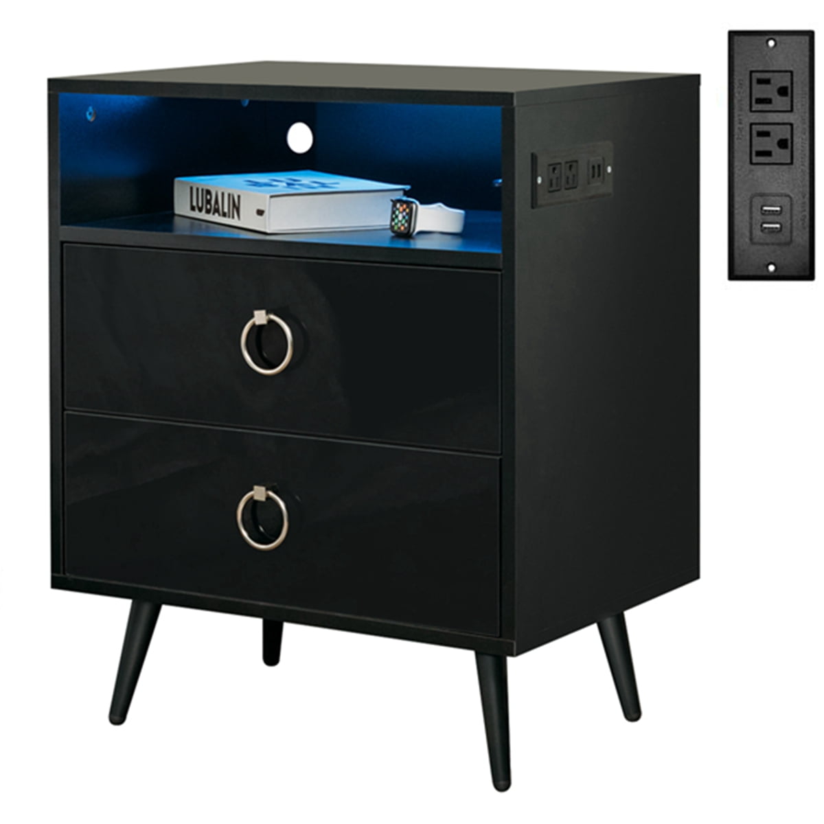 Hommpa Modern LED Nightstands with Charging Staition High Gloss Bedside