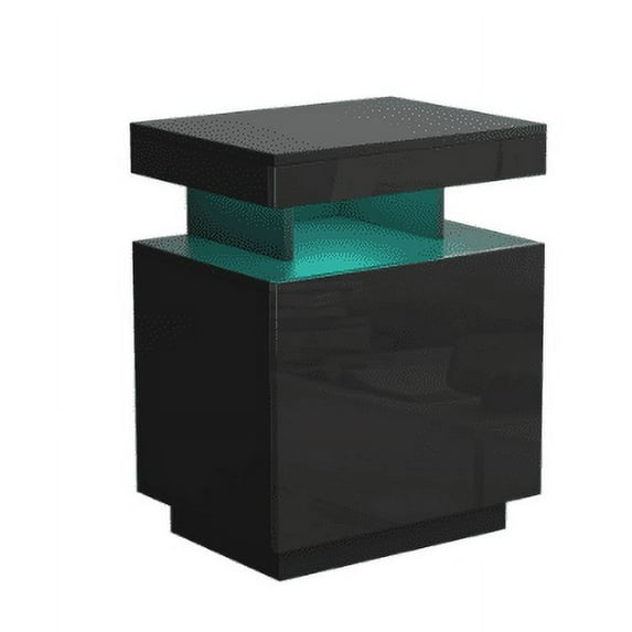 Hommpa Modern LED Side Table, Nightstand with Door High Gloss Bedside Tables End Table with 1 Cabinet for Living Room Black