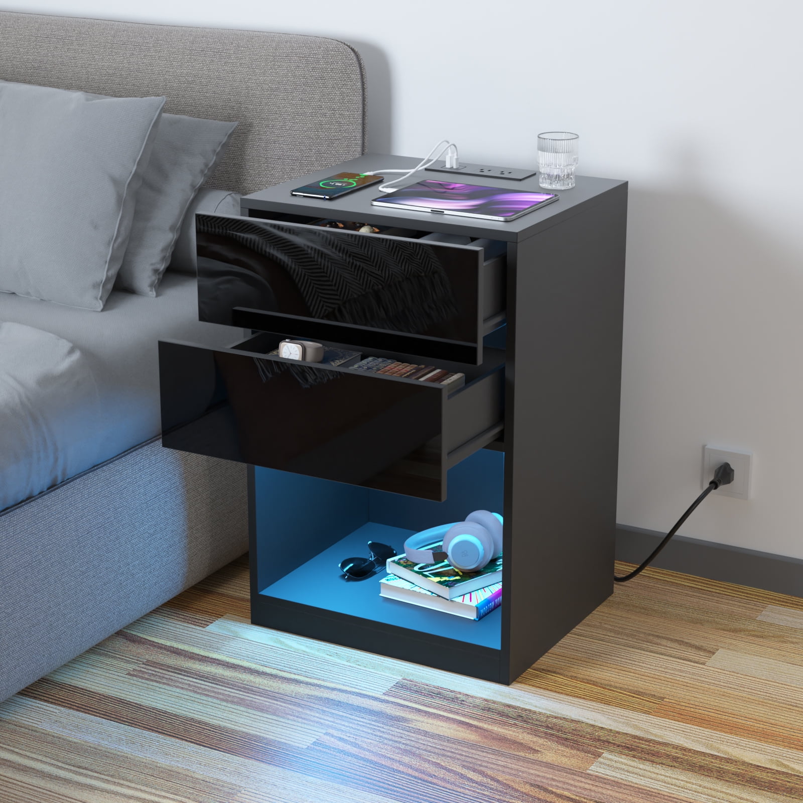 Hommpa Modern Nightstand with Charging Station 2 Drawers High Gloss