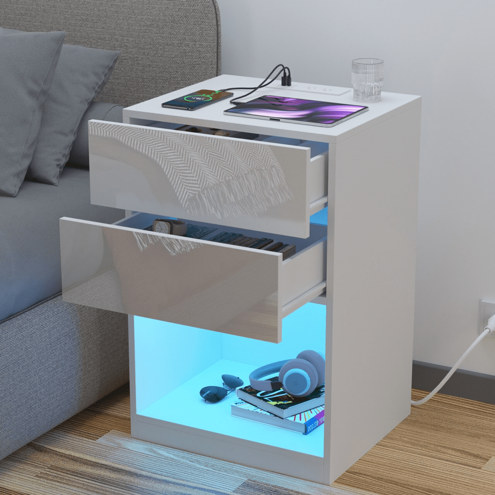 Hommpa Modern Nightstand with Charging Station 2 Drawers High Gloss Bedside Table With Open