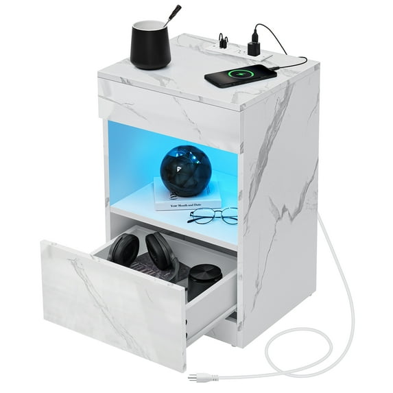 Hommpa Modern Nightstand with Charging Station USB Port Type C AC Outlets High Gloss Bedside Table LED Light 2 Drawer Smart Nightstands Open Shelf Textured White Side Table for Bedroom 23.6 inch Tall