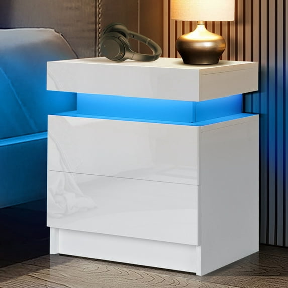 Hommpa Modern Nightstand with LED Lights High Gloss Bedside Table with 2 Drawers Smart Night Stands White End Side Table for Bedroom Living Room Home Furniture