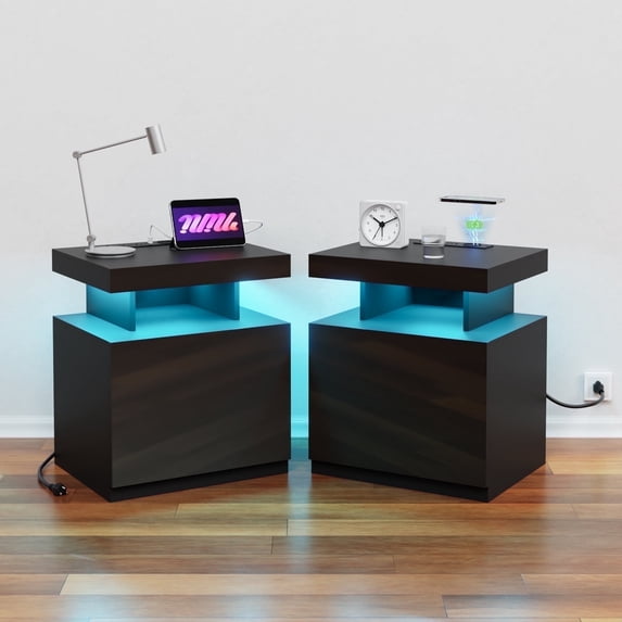 Hommpa Modern Nightstand Set of 2 LED Nightstand with Wireless Charging Type C USB Port 2 Drawers Bedside Table Storage High Gloss Night Table Black End Side Table for Bedroom Furniture 22.3" Tall