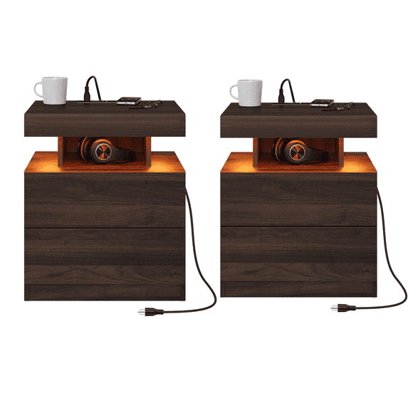 Hommpa Modern Nightstand Set of 2 LED Nightstand with 15W Wireless Charging Type C USB Port 2 Drawers Bedside Table Storage High Gloss Night Table Brown End Side Table for Bedroom Furniture Tall