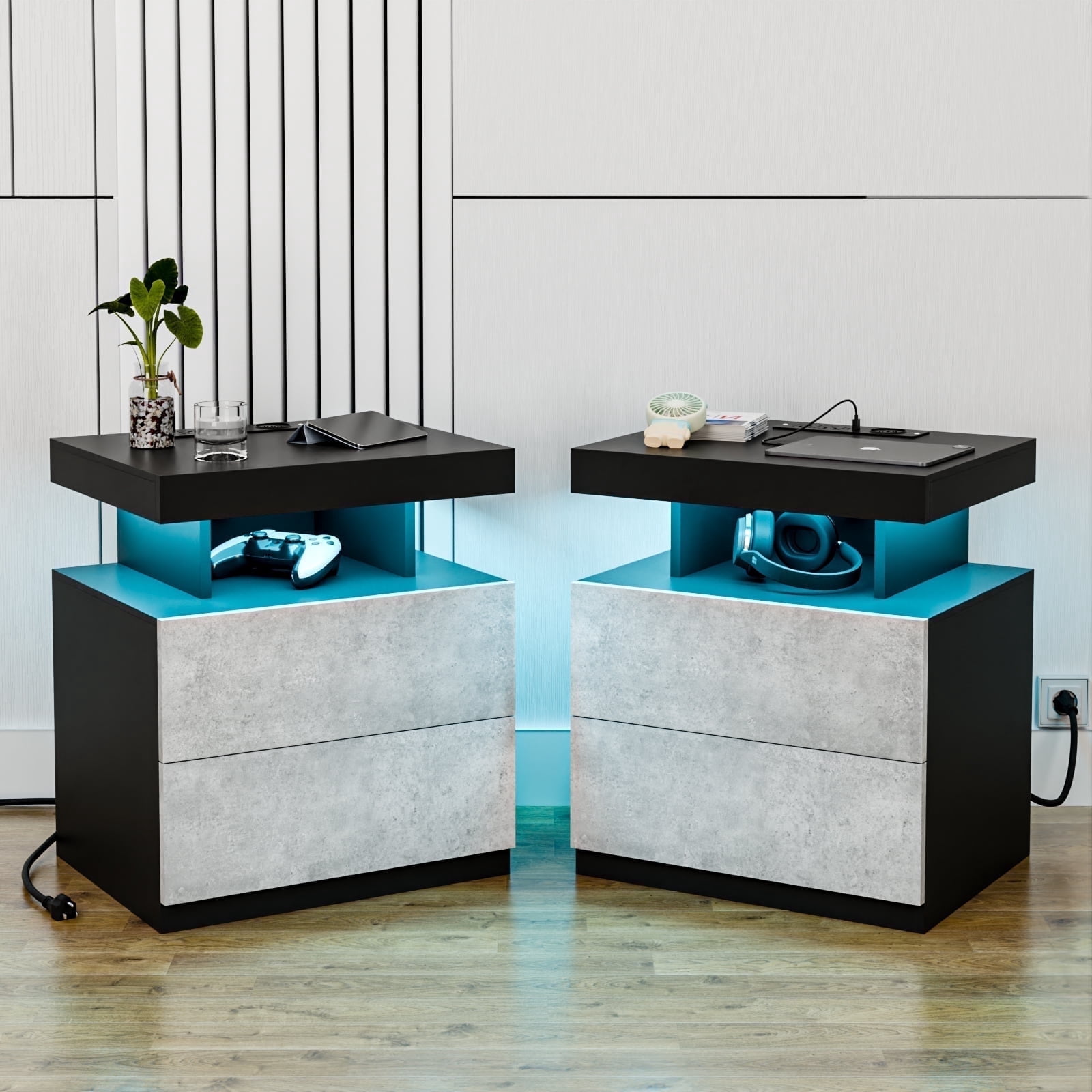 Hommpa Modern Nightstand Set of 2 LED Nightstand with 15W Wireless Charging Type C USB Port 2 Drawers Bedside Table Storage High Gloss Night Table Gray End Side Table for Bedroom Furniture 22.3" Tall