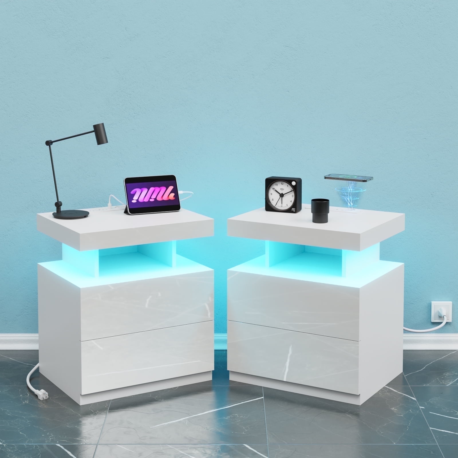 Hommpa Modern Nightstand Set of 2 LED Nightstand with 15W Wireless Charging Type C USB Port 2 Drawers Bedside Table Storage High Gloss Night Table White End Side Table for Bedroom Furniture 22.3" Tall
