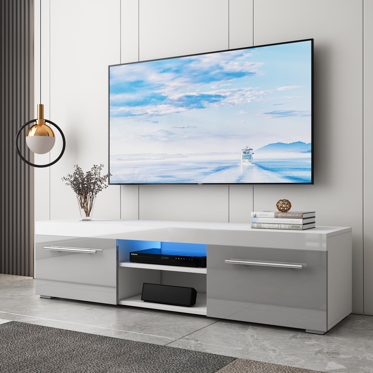 Hommpa Modern TV Stand for TVs up to 59 High Gloss TV Cabinet with LED Lights Gaming Entertainment Center Media Console Living Room Gray White