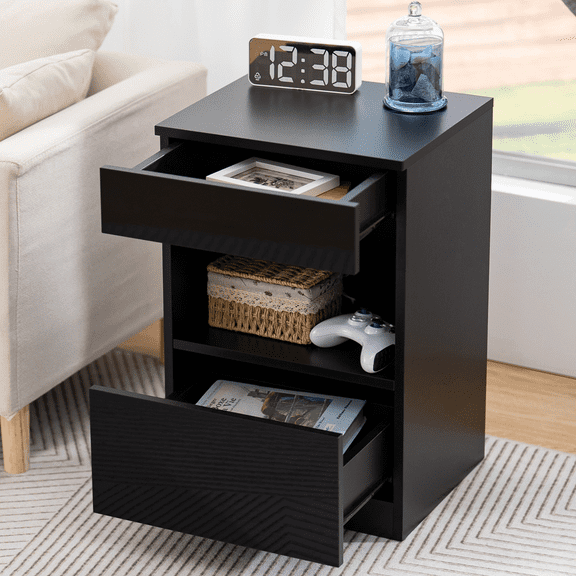 Hommpa Nightstand, 2 Drawer Nightstand Open Shelf Nightstands Bedside Table Modern End Tables Living Room High Gloss Side Table Bedroom Home Furniture Black