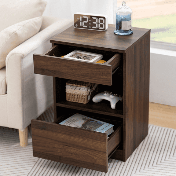 Hommpa Nightstand, 2 Drawer Nightstand Open Shelf Nightstands Brown Bedside Table Nightstands with Storage End Tables Living Room Bedroom Furniture Dark Walnut