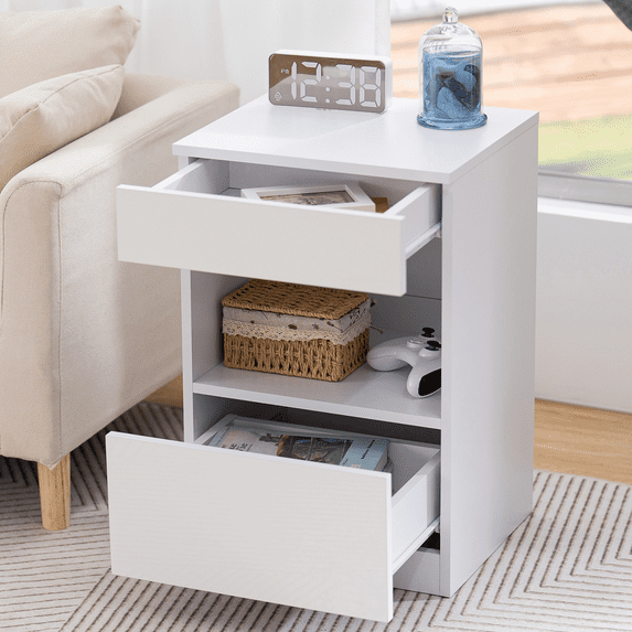 Hommpa Nightstand, 2 Drawer Nightstand Open Shelf Nightstands Wooden Nightstand with Drawers High Gloss Side Table for Living Room Bedroom Furniture White