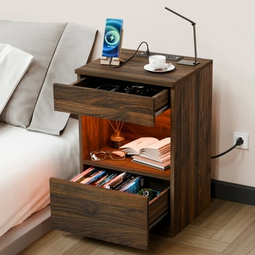 Hommpa Nightstand with Charging Station Nightstands with 2 Drawer Open Shelf Nightstands Dark Walnut Nightstands High Gloss LED End Table Nightstands for Bedroom Living Room Furniture 23.6" Tall