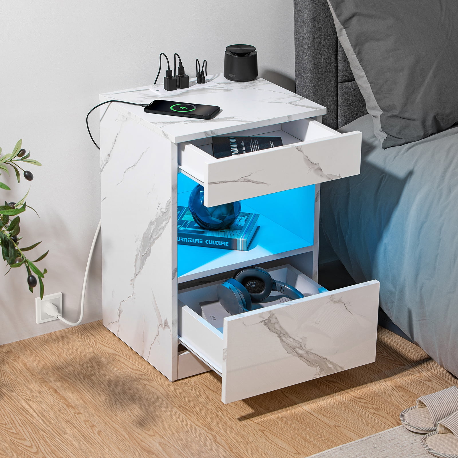 Hommpa Nightstand with Charging Station Nightstands with 2 Drawer Open