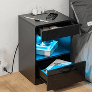 Hommpa Nightstand with Charging Station Nightstands with 2 Drawer Open Shelf Nightstands Black Nightstands High Gloss LED End Table Nightstands for Bedroom Living Room Furniture 23.6" Tall