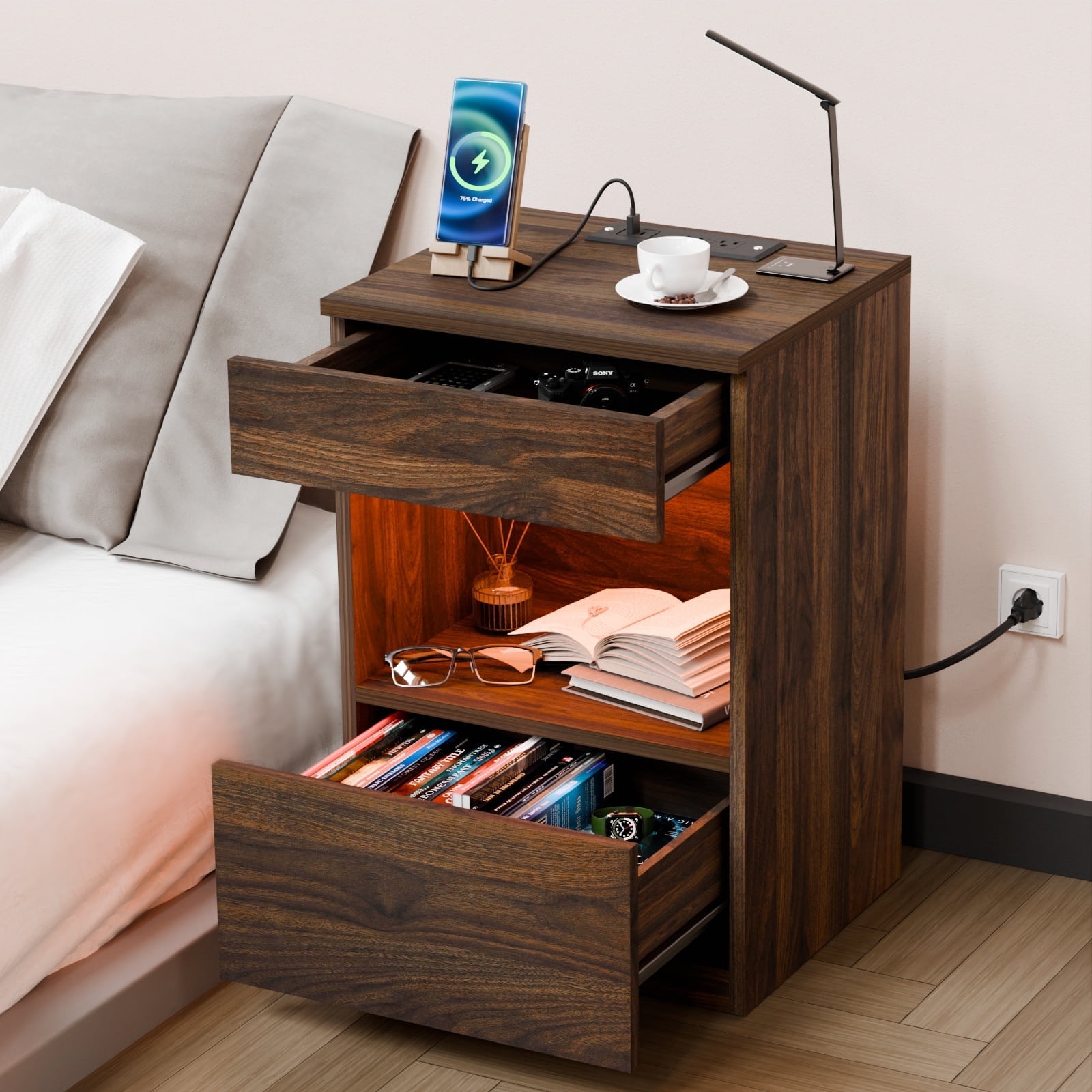 Hommpa Nightstand with Charging Station Nightstands with 2 Drawer Open Shelf Nightstands Dark Walnut Nightstands High Gloss LED End Table Nightstands for Bedroom Living Room Furniture 23.6" Tall