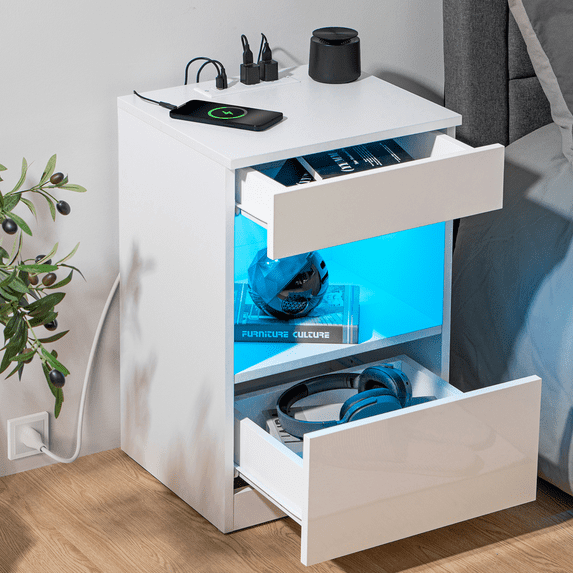 Hommpa Nightstand with Charging Station Nightstands with 2 Drawer Open Shelf Nightstands White Nightstands High Gloss LED End Table Nightstands for Bedroom Living Room Furniture 23.6" Tall